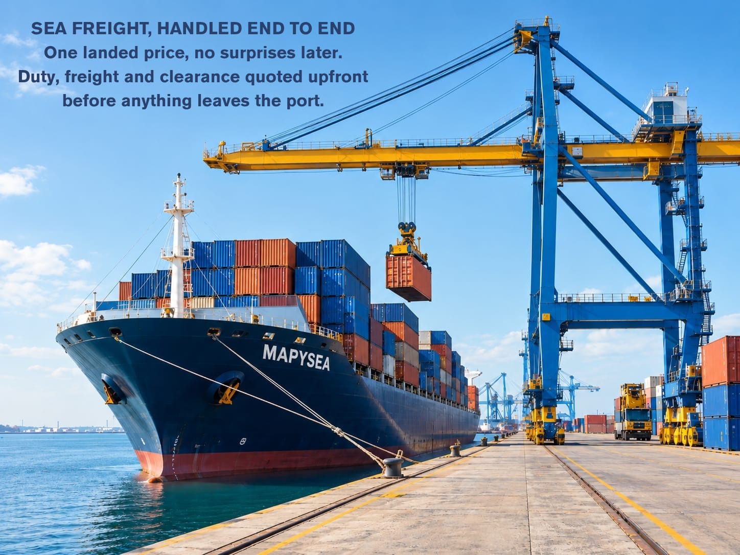 Sea freight, handled end to end. One landed price, no surprises later - duty, freight and clearance quoted upfront before anything leaves the port.