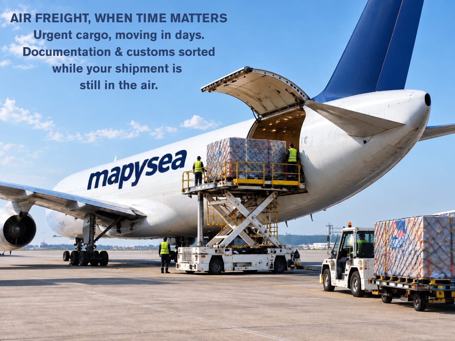 Air freight, when time matters. Urgent cargo moving in days - documentation and customs sorted while your shipment is still in the air.